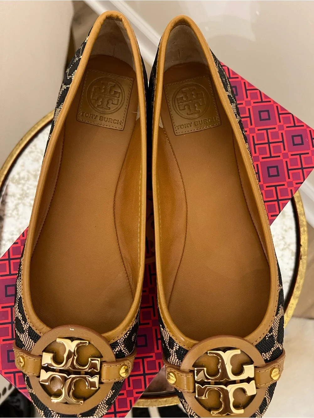 Tory Burch Black & Tan Logo Embellished Ballet Flats